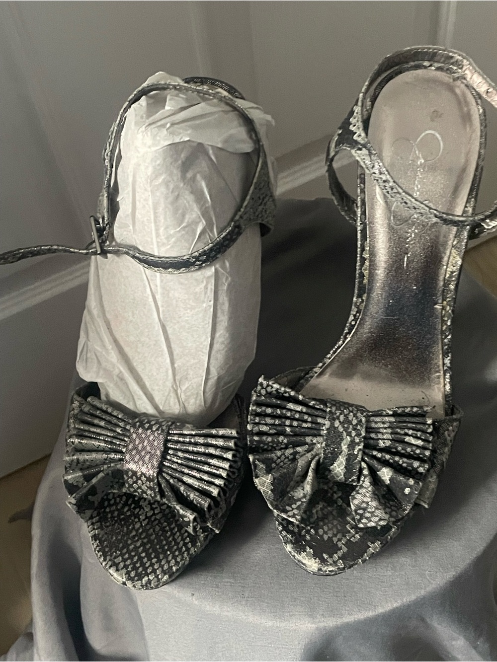 Jessica Simpson Silver Metallic Bow Ankle-Strap Heels